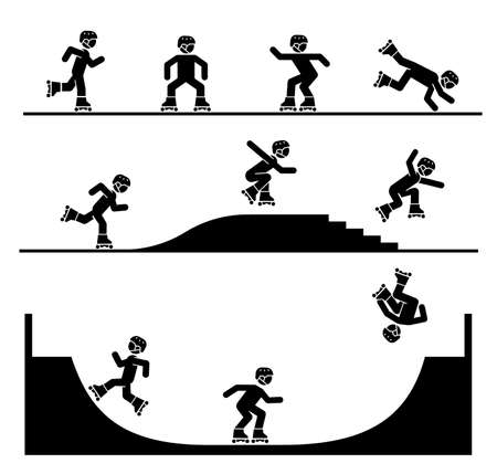 Roller skates tricks and stunts. Riding roller skates on a ramp. Enjoyment in extreme adrenaline sport. Roller skates tricks and stunts. Riding roller skates on a ramp. Enjoyment in extreme adrenaline sport.のイラスト素材