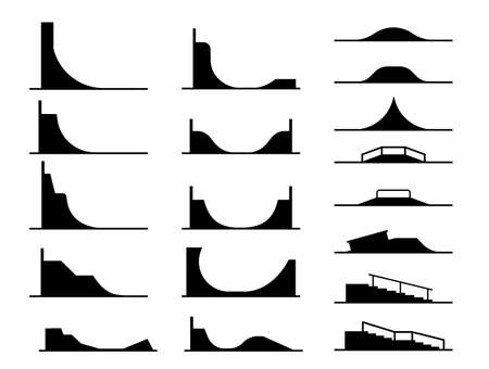 Illustration in form of pictograms which represent types of ramps for skate parks and railings for bicycle and skateboard tricks and stunts. Equipment for enjoyment in extreme adrenaline sport.のイラスト素材