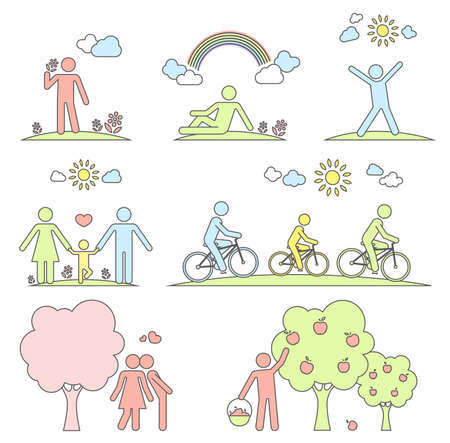 Pictograms representing people spending time in nature in different ways.のイラスト素材