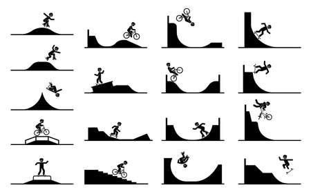 Illustration in form of pictograms which represent doing acrobatics  with roller skates, bicycle and skateboard. Tricks and stunts. Riding on a ramp. Enjoyment in extreme adrenaline sport.のイラスト素材