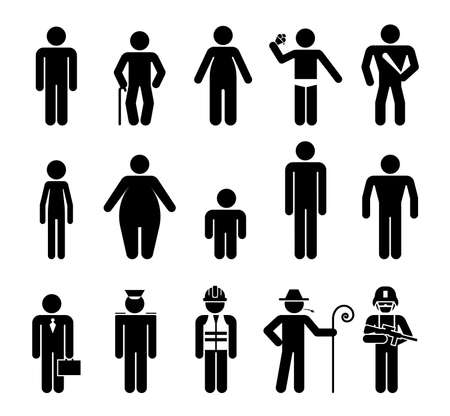 Set of male pictograms that represent various kinds of people. Body appearance. Pictograms which  represent various type of men body shape and age difference.のイラスト素材