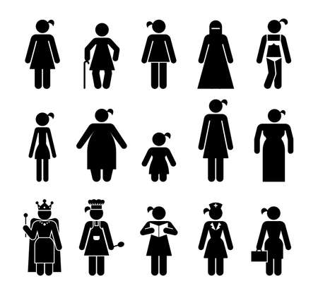 Set of female pictograms that represent various kinds of people. Body appearance. Pictograms which  represent various types of female body shape and age difference.のイラスト素材