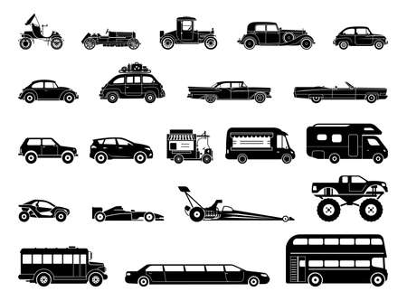 Old car and other vehicle models, classic, oldtimer, extravagant, special purposes vehicles. Collection of signs presenting different modes of transport on land. Modern means of transportation. Transportation icons.