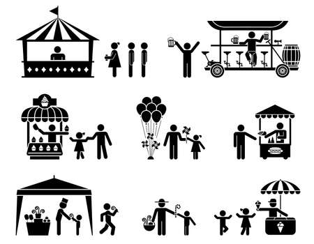 Fairs, street sellers and stands presented as pictograms. Collection of of various kiosks for use in public places. のイラスト素材