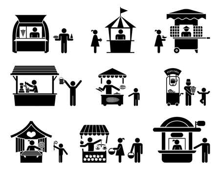 Collection of vector illustrations of various kiosk. For use in public places. Fairs, street sellers and stands presented as pictograms. Fast food stands.のイラスト素材