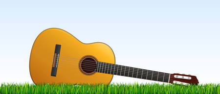 Illustration of classical wooden guitar placed on a green grass. Vector illustration of acoustic guitar.のイラスト素材