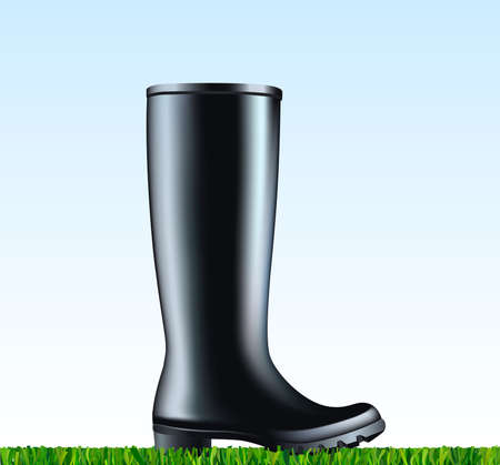 Waterproof rain rubber boot on a green grass.
Vector illustration on black rubber boot placed on the mowed grass. Spring garden work. 
のイラスト素材