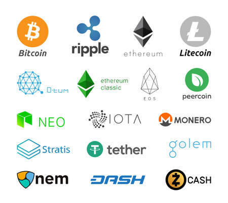 Cripto currency logo coins. Cryptocurrency Icon Collection - Bitcoin, Litecoin, Dash, Monero, Zcash, Ripple, IOTA, NEM, Stratis, NEO, Ethereum Classic, Ethereum, Golem, Peercoin, O tum, Eos, Tether.のイラスト素材