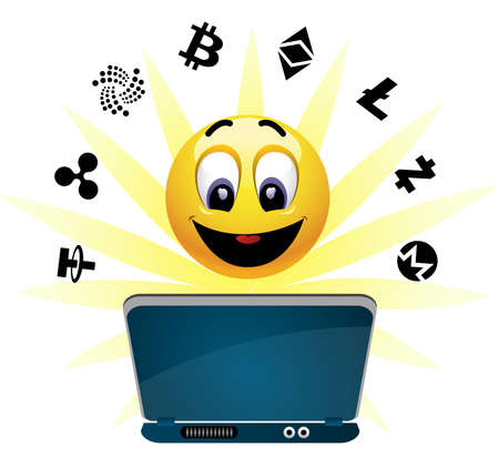 Illustration of smiley earning over the net with Crypto currency. Positive smiling ball earning money. のイラスト素材