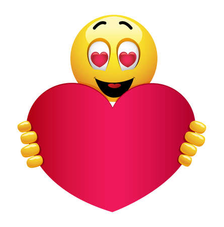 Cute smiley emoji being in love. Smiley holding big red heart. Smiling emoticon with heart in its eyes.のイラスト素材