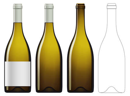 Realistic vector illustration of white wine bottle Isolated on white background. Front view of the wine bottle with label, bottle without label and linear technical drawimg of the wine bottle.のイラスト素材