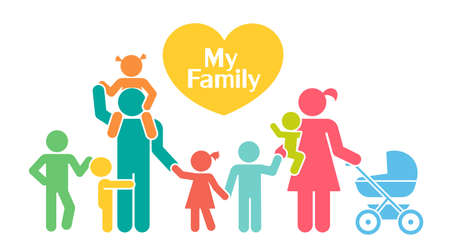 Big happy family. Children and their parents. Pictograms presenting parental love and care for children.のイラスト素材