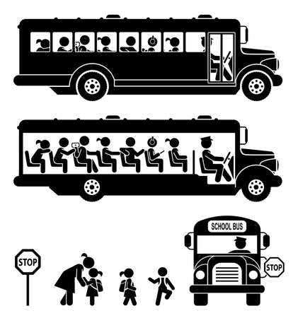 School bus. School children. Children go to school by school bus. Pictogram icon set.のイラスト素材