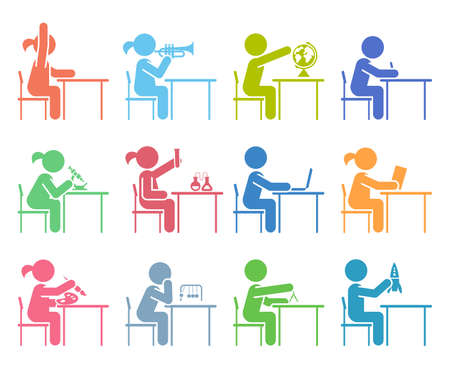 Collection of icons presenting education and different school subjects, science, art, history, geography, chemistry, maths, music, chemistry. Students in school attending classes. Pictogram icon set.のイラスト素材