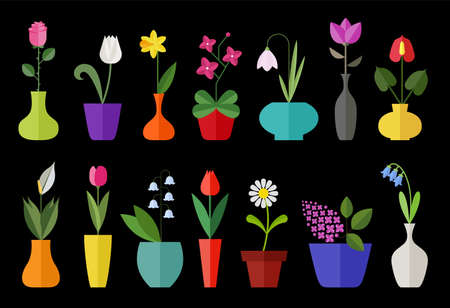 Flower flat icon set isolated on black. Various flowers in a vase including rose, tulip, orchid, Espatifilo, bells flowers, Bellis perennis, bulb flowers.のイラスト素材
