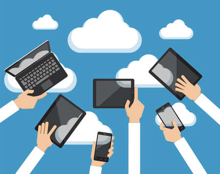 Cloud computing concept. Hands holding smartphone, computer laptop and tablet with cloud image on screen high against the sky.のイラスト素材