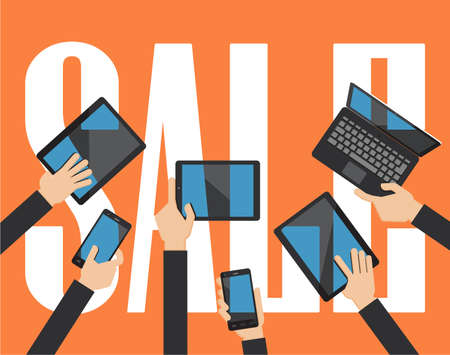 Sale computing concept. Hands holding smartphone, computer laptop and tablet with sale background.のイラスト素材