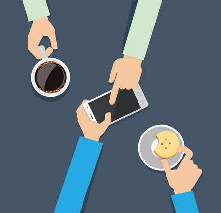 Hands using cell phone. Flat vector illustration of hands using mobile phone and holding coffee....