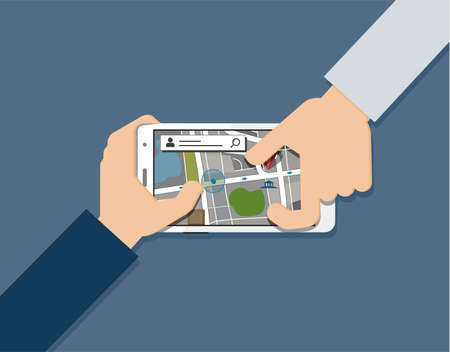 Hands using cell phone. Flat vector illustration of hands holding touchscreen smartphones with...