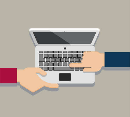 Concept of business meeting. Hands using computer and showing reports. Brainstorming. Work place. Vector illustration in flat style.のイラスト素材