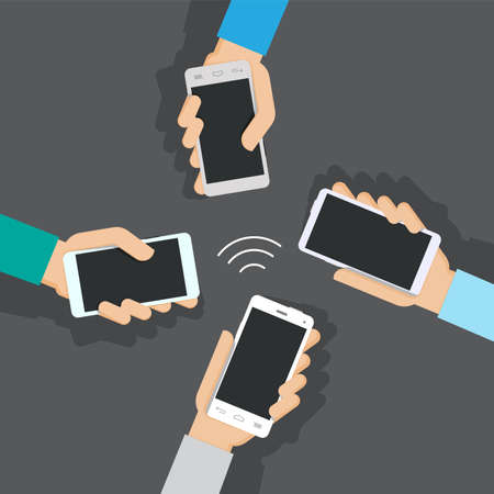 Concept of modern communication. Flat vector illustration of hands using mobile phone.のイラスト素材