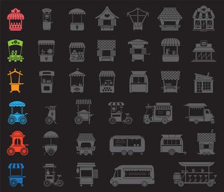 Set of stylized illustrations of promo stands and various promotional and sales objects. Large collection of objects for external usage such as promo stand and movable and fixed market stalls.のイラスト素材