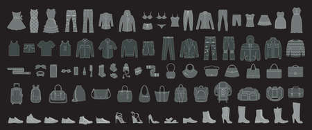 Set of man`s and womenâs clothing and accessories. Fashion and style elements. Beach style, casual, elegant and business cloths for man and women.のイラスト素材