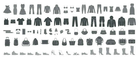 Set of man`s and womenâs clothing and accessories. Fashion and style elements. Beach style, casual, elegant and business cloths for man and women.のイラスト素材