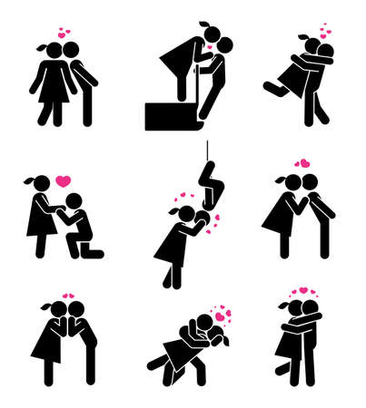 Various types and ideas for romantic kisses and Valentine's day. Pictograms which represent couples in love.のイラスト素材