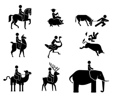 Set of pictograms presenting riding of various kind of animals. Animals used for riding as tradition and comic, non traditional animal riding.のイラスト素材