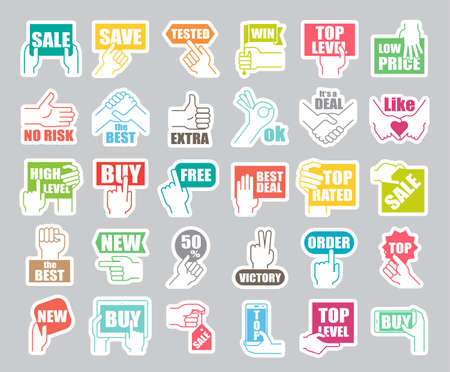 Hands holding messages. Hand gestures. Set of hand and shopping icons. Premium quality symbol collection.のイラスト素材