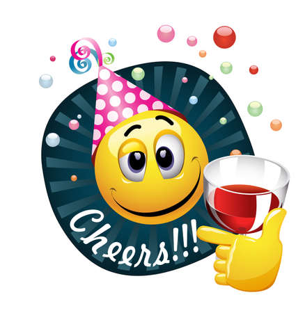 Smiley celebrating. High quality vector illustration. Drunk smiling ball being cheerful and having fun at the party.のイラスト素材