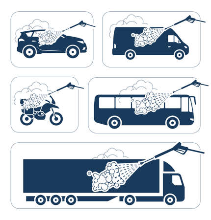 Set of car washing pictograms. Professional carwash. Deep cleaning. Illustration presenting washing of cars, trucks, bus and motorcycle.のイラスト素材