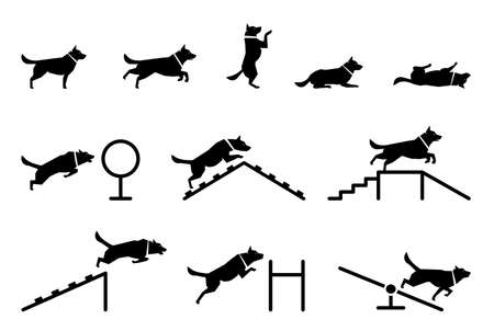 Set of icons representing various dogâs body postures.のイラスト素材