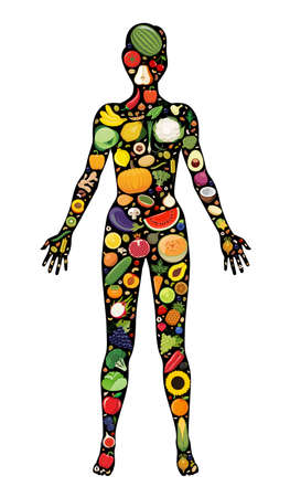 Set of fruit and vegetable icons forming woman`s body shape. Vector illustration which represent healthy vegetarian diet with fresh fruit and vegetable. Vegetarian food icons.のイラスト素材