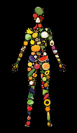 Set of fruit and vegetable icons forming woman`s body shape. Vector illustration which represent healthy vegetarian diet with fresh fruit and vegetable. Vegetarian food icons.のイラスト素材