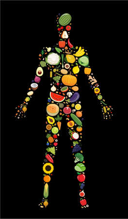 Set of fruit and vegetable icons forming man`s body shape. Vector illustration which represent healthy vegetarian diet with fresh fruit and vegetable. Vegetarian food icons.のイラスト素材