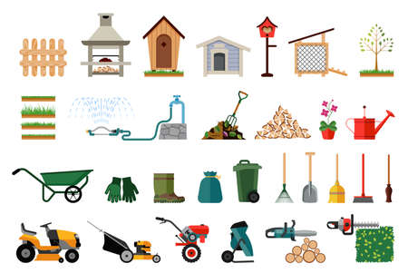 Set of various gardening items. Courtyard around the house. Garden tools. Flat design illustration of items for gardening. のイラスト素材