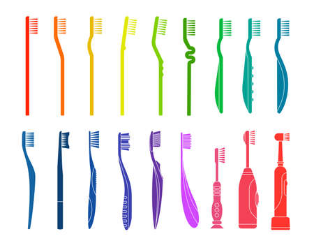 Set of several toothbrush illustrations. Products for oral hygiene. 
Products for dental health maintenance. Vector illustration.のイラスト素材