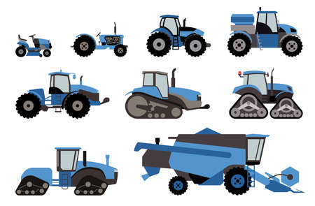 Agricultural mechanization flat icons. Set of different types of agricultural vehicles and machines harvesters, combines and excavators. Icon set of working machines.のイラスト素材