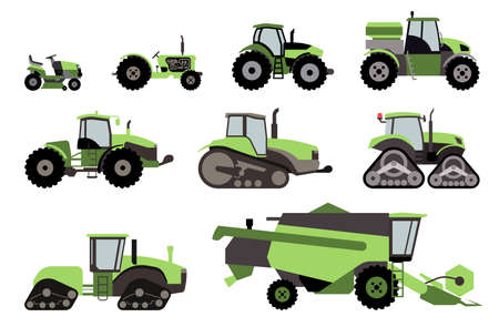 Agricultural mechanization flat icons. Set of different types of agricultural vehicles and machines harvesters, combines and excavators. Icon set of working machines.のイラスト素材