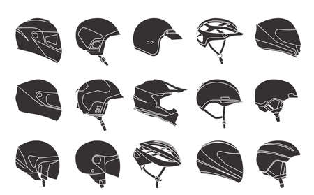 Set of racing helmets on a white background. Racing helmets for car, motorcycle and bicycle. Head protection. Monochrome icons.のイラスト素材