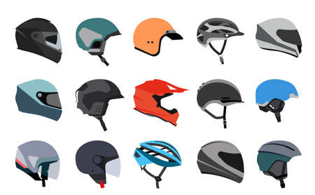 Set of racing helmets on a white background. Racing helmets for car, motorcycle and bicycle. Head...