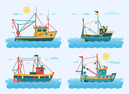 Flat illustration of colorful fishing boats. Set of different types of marine fishing boats.のイラスト素材