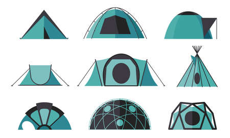 Collection of tent icons for camping in the nature. Set of various designs of tents for camping and spending time outdoors. Simple and lovable vector illustrations.のイラスト素材