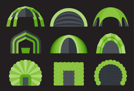 Set of various designs of inflatable tents for various purposes. Inflatable tent for event and for outdoor celebrations. Simple and lovable vector illustrations.のイラスト素材