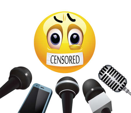 Smiling ball with mouth sealed on duct tape. Microphones for press conference or interview.  のイラスト素材