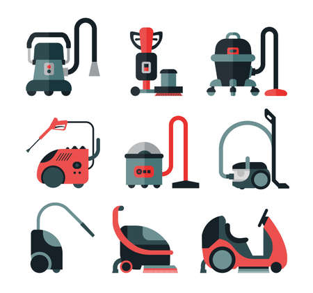 Set of flat icons for cleaning service tools. Collection of icons presenting equipment for cleaning homes and offices. Housework professional assistance.のイラスト素材