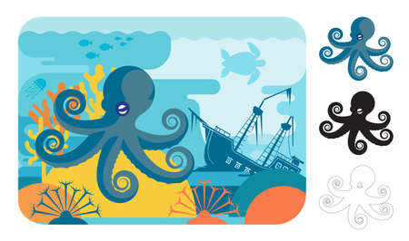 Octopus icons. Flat vector illustration of turtle. Decorative cute illustration for children. Graphic design elements for print and web.のイラスト素材