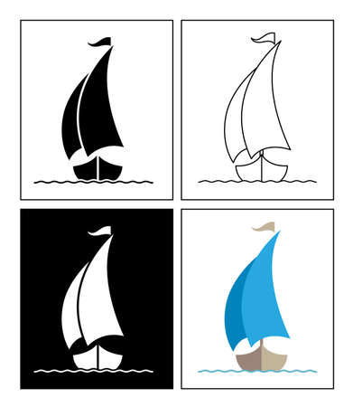Sailboat symbol presented as pictogram, black and white, line icons and flat icons. Set of transportation icons.のイラスト素材